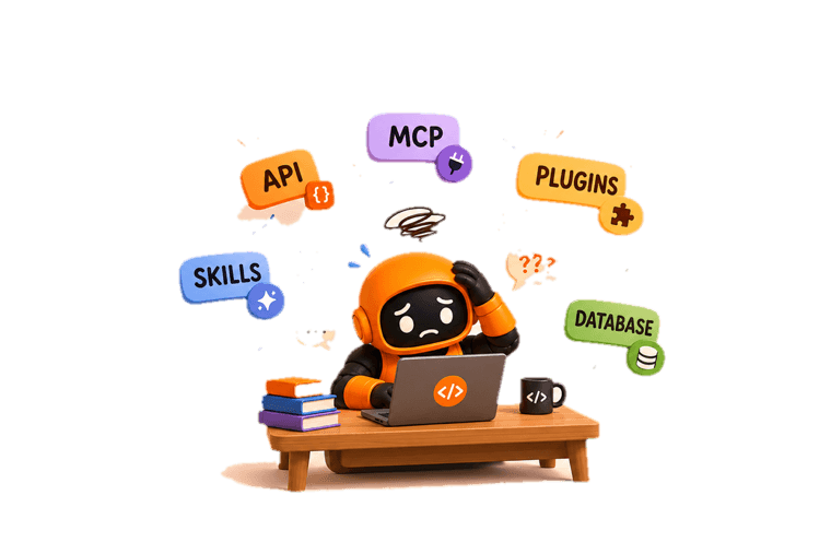 Vibo at a laptop, surrounded by skills to learn
